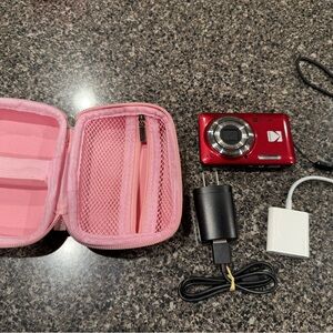Kodak Red Camera with Pink Case and Accessories